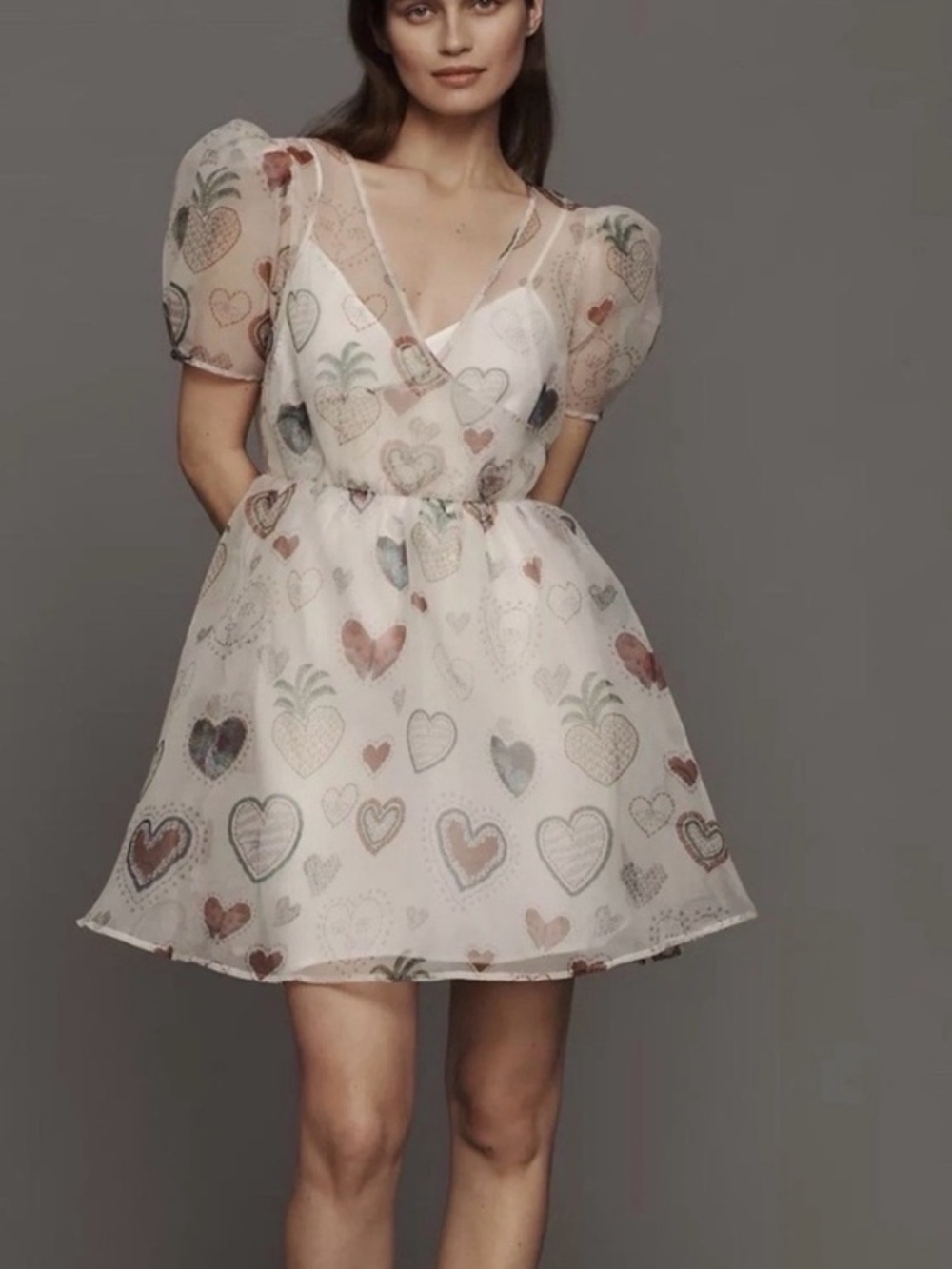 FARM Rio White Semi-Sheer Puff Sleeve Heart Mini Dress